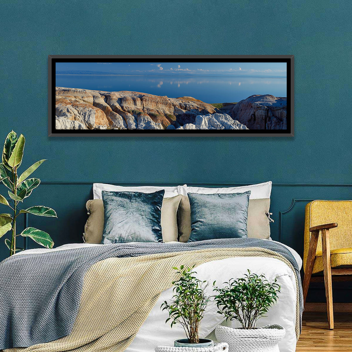 Shekelmes Tract Cliff Over Lake Wall Art in a room, panoramic