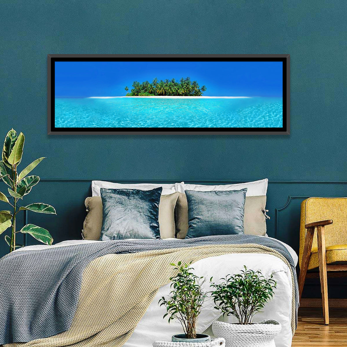 Turquoise Atoll Sandbar with Palm Trees Wall Art in a room, panoramic
