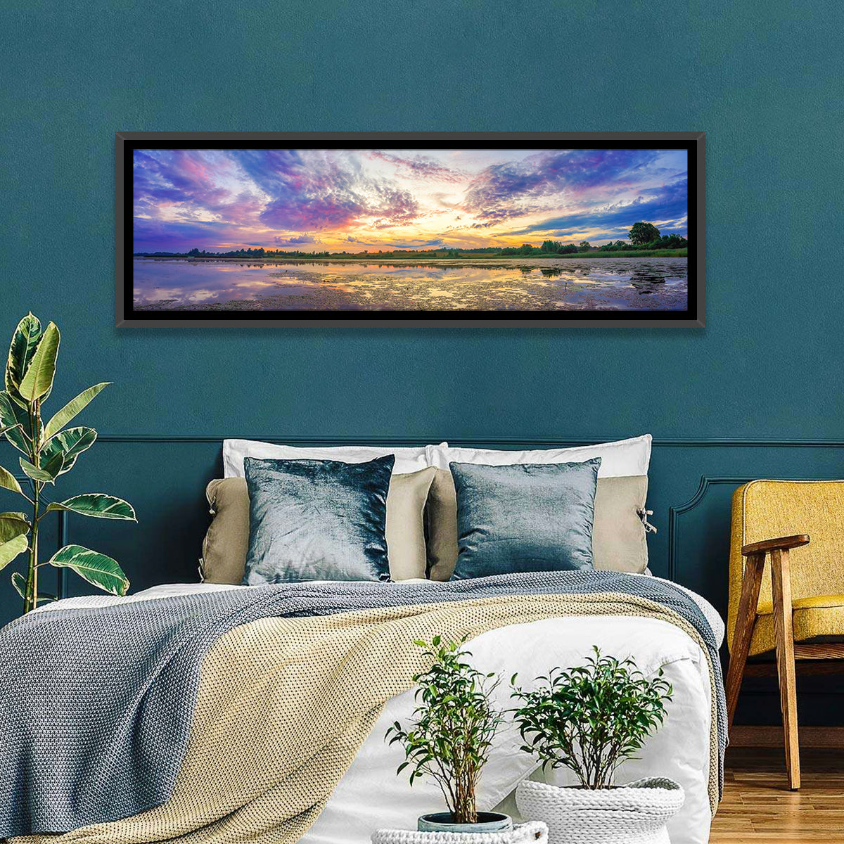 Golden Sunrise Over Lake Wall Art in a room, panoramic