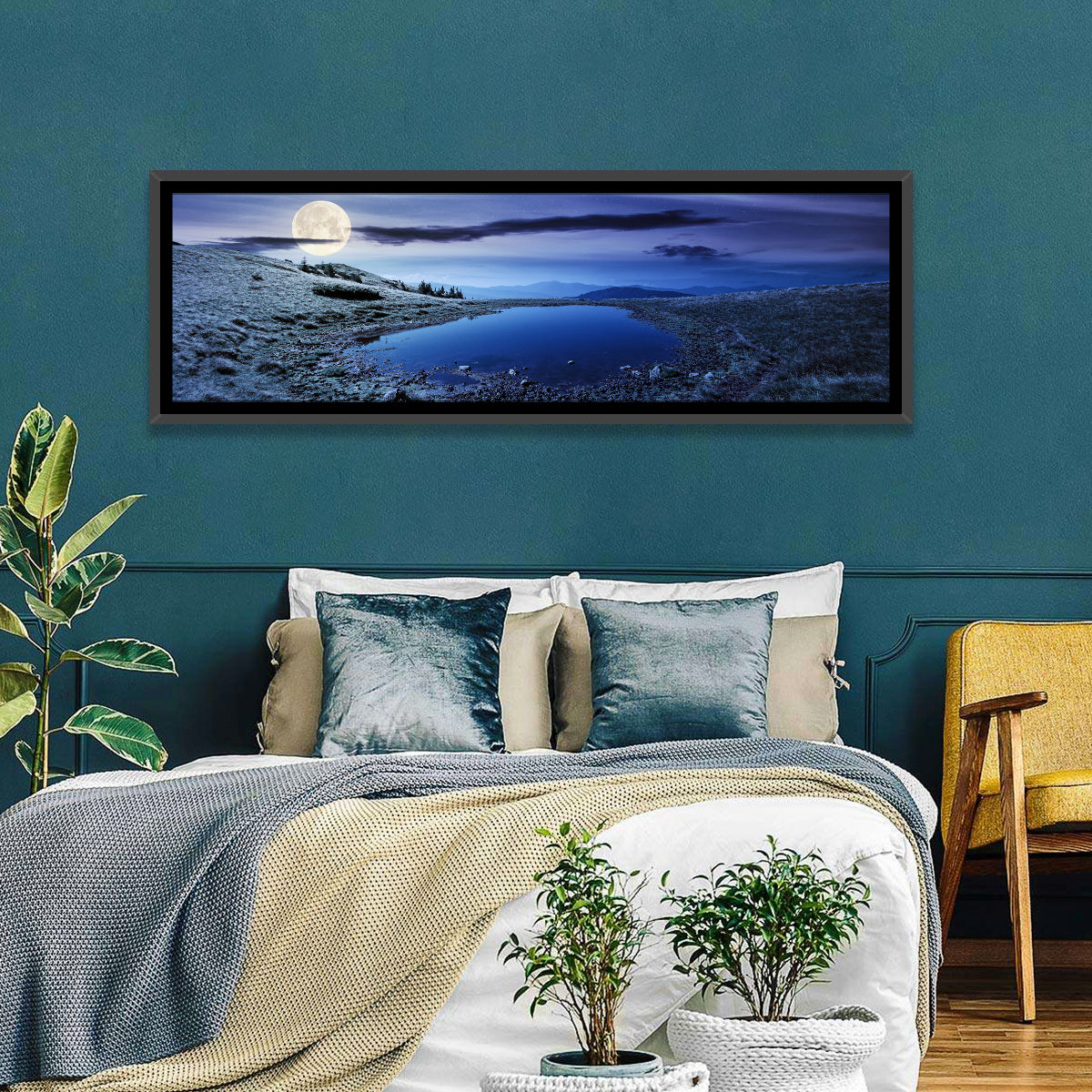Mountain Lake at Night Wall Art in a room, panoramic