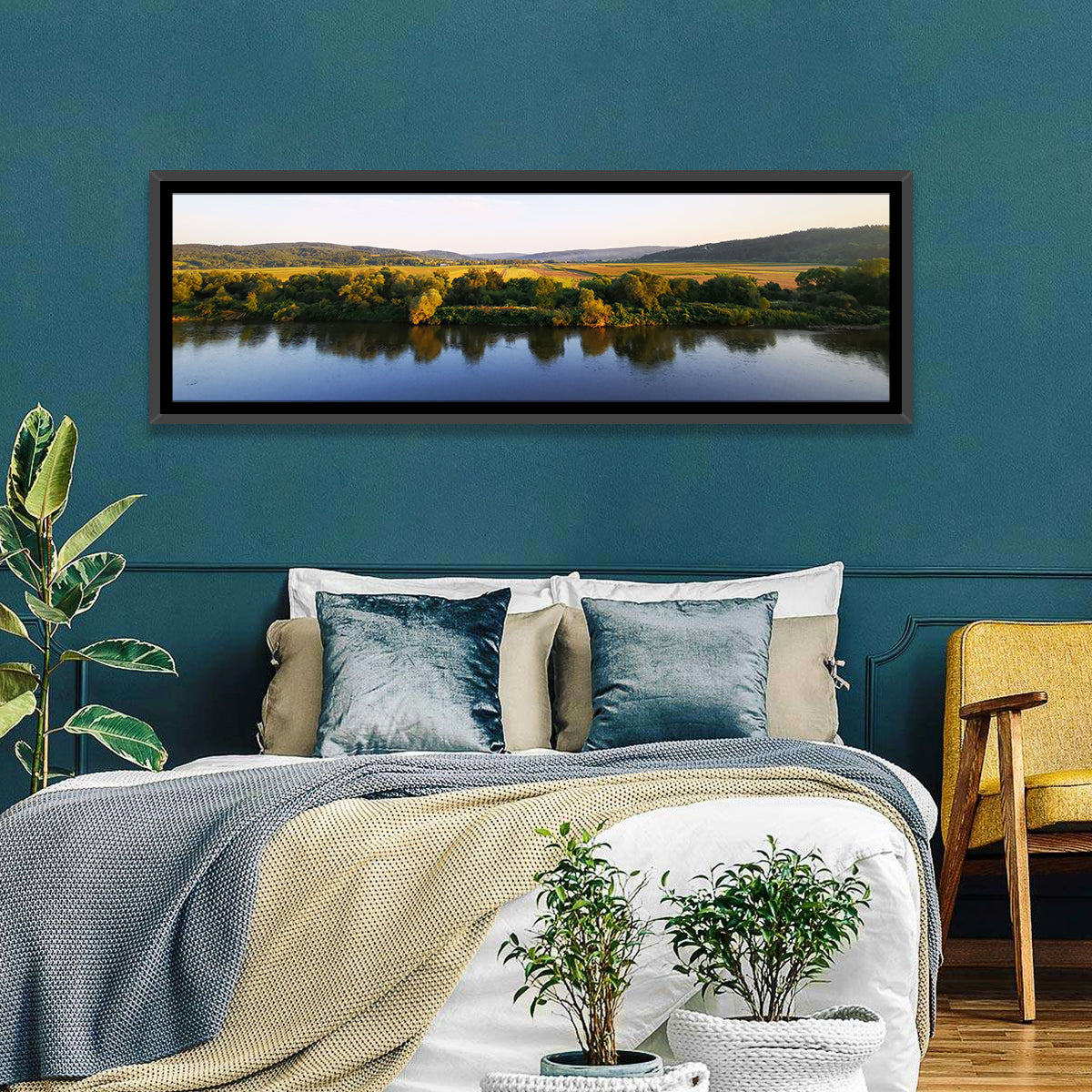 Peaceful River Sunset Wall Art in a room, panoramic