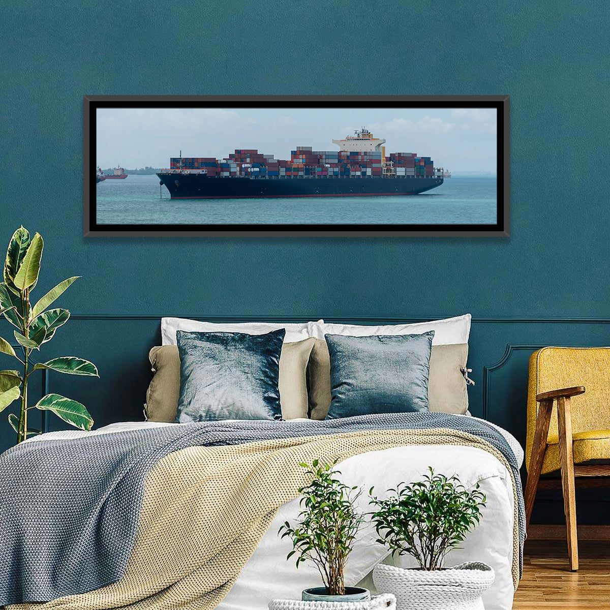 Harbor Container Ship at Sea Wall Art in a room, panoramic