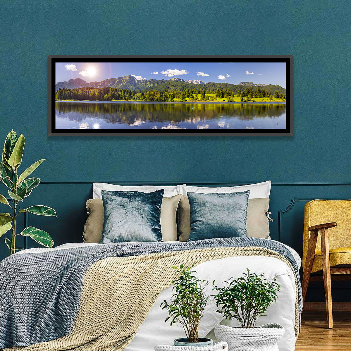 Bavarian Alpine Lake Reflection Wall Art in a room, panoramic
