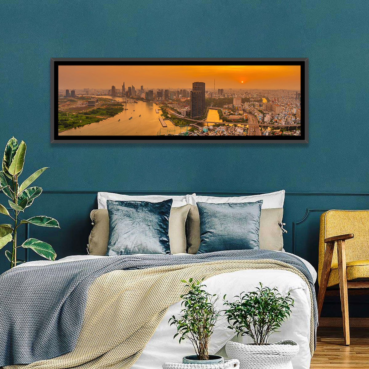 Landmark 81 Golden Hour Skyline Wall Art in a room, panoramic