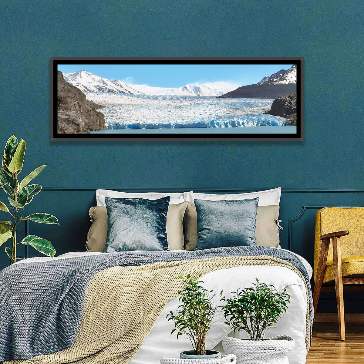 Grey Glacier and Blue Glacial Lake Wall Art in a room, panoramic