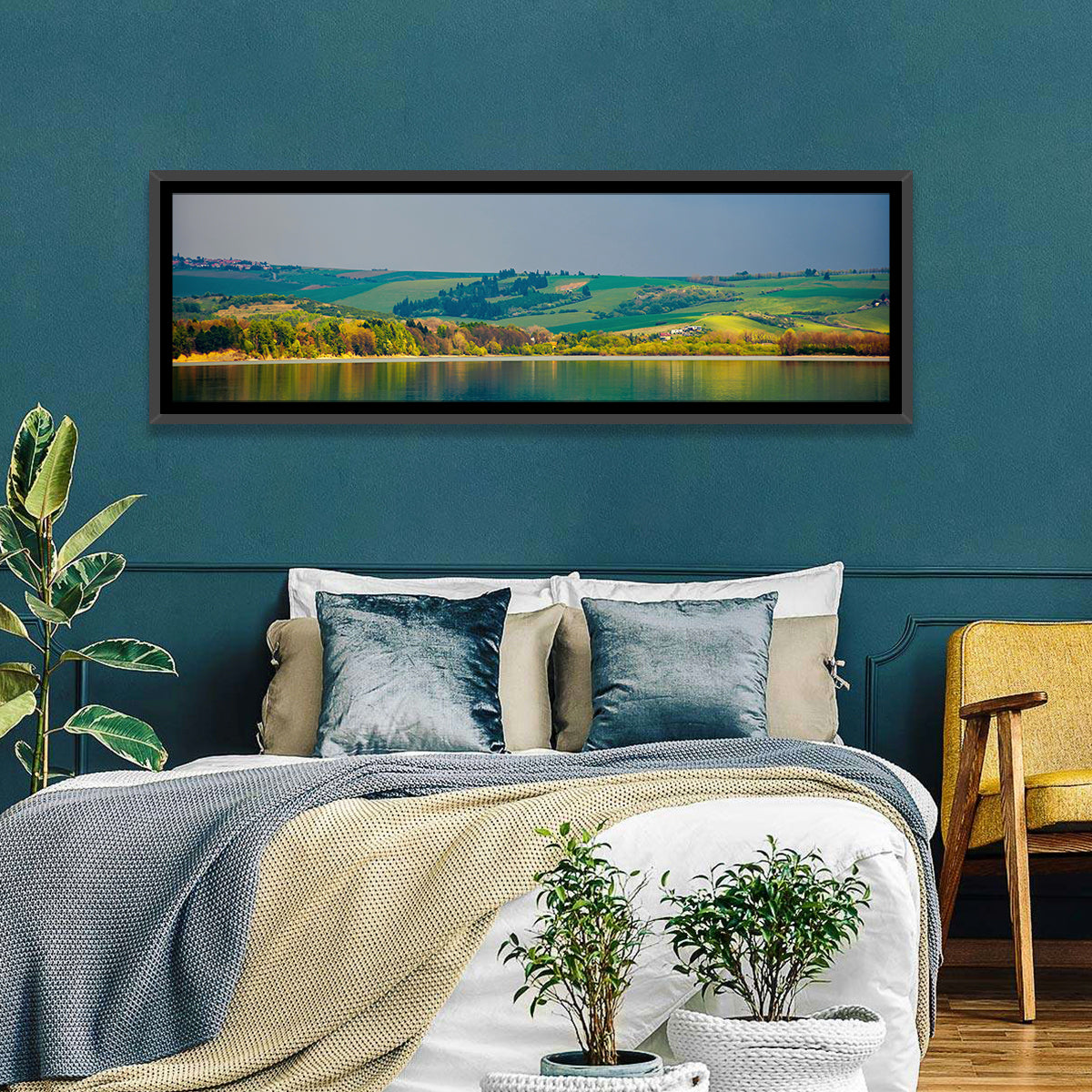 Liptovska Mara Lake Reflection Wall Art in a room, panoramic