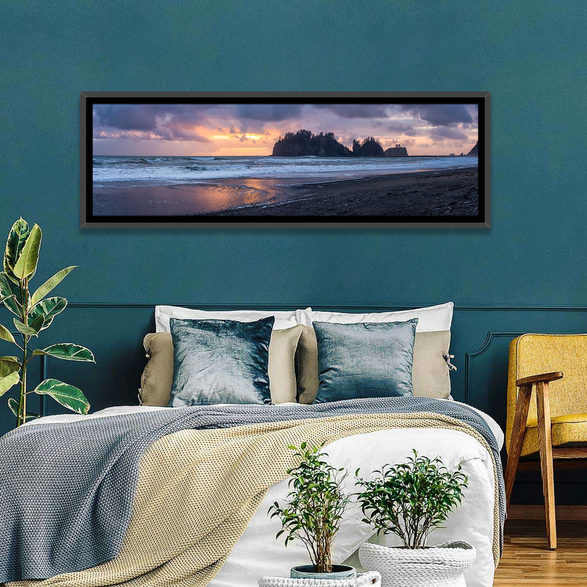 Rialto Beach Sea Stacks at Sunset Wall Art in a room, panoramic