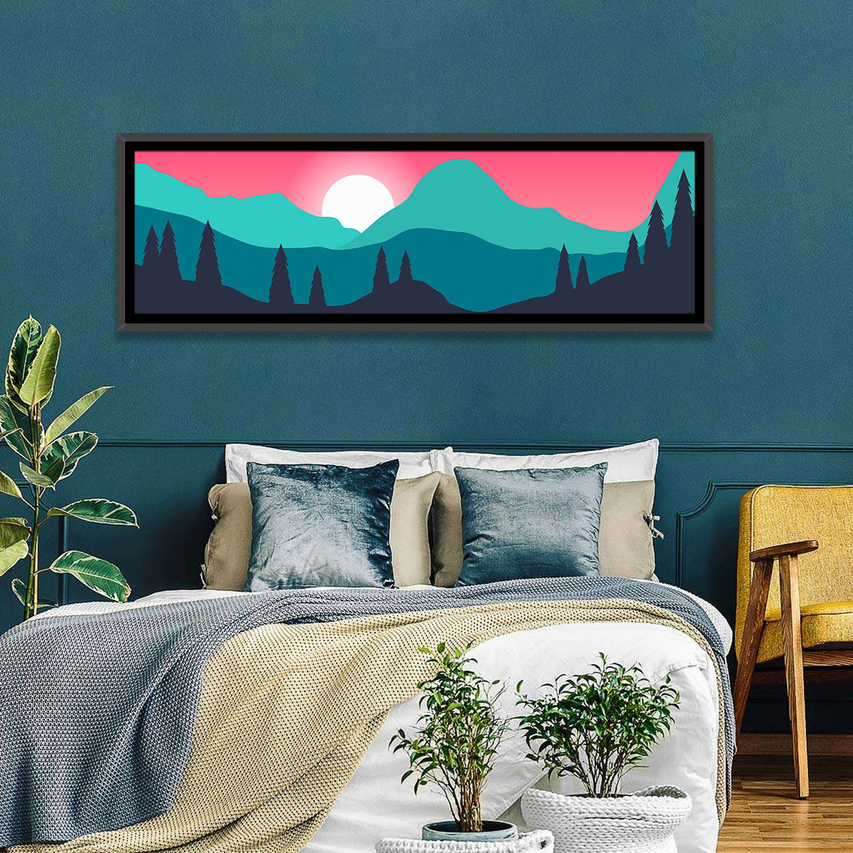 Turquoise and Pink Mountain Sunset Wall Art in a room, panoramic