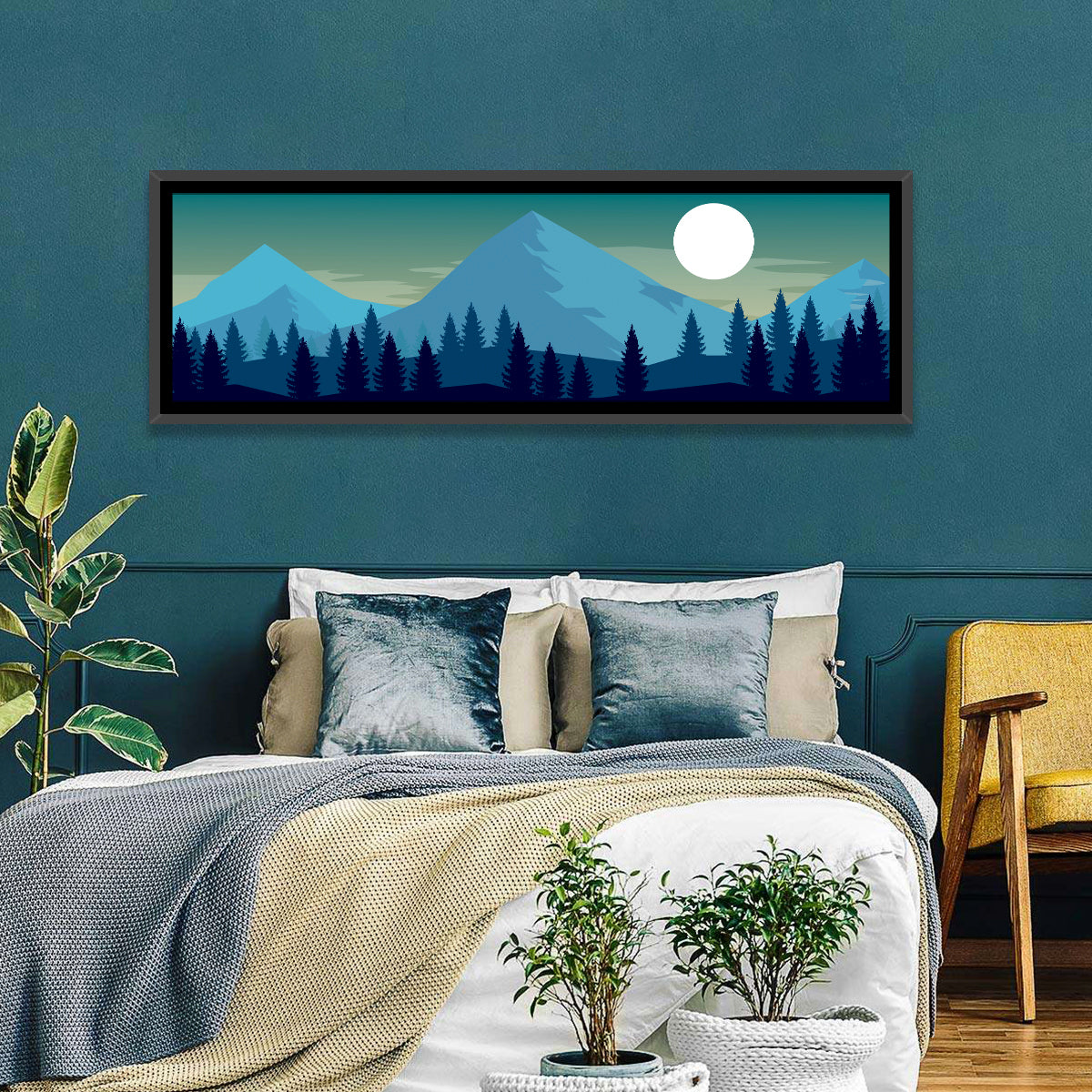 Moonlit Snowy Mountain Forest Wall Art in a room, panoramic