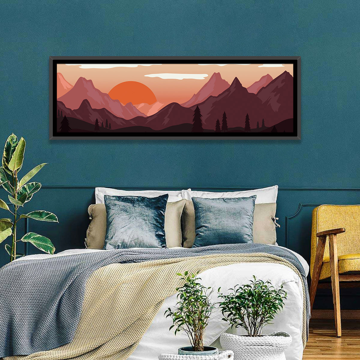 Mars Sunset Over Mountains Wall Art in a room, panoramic