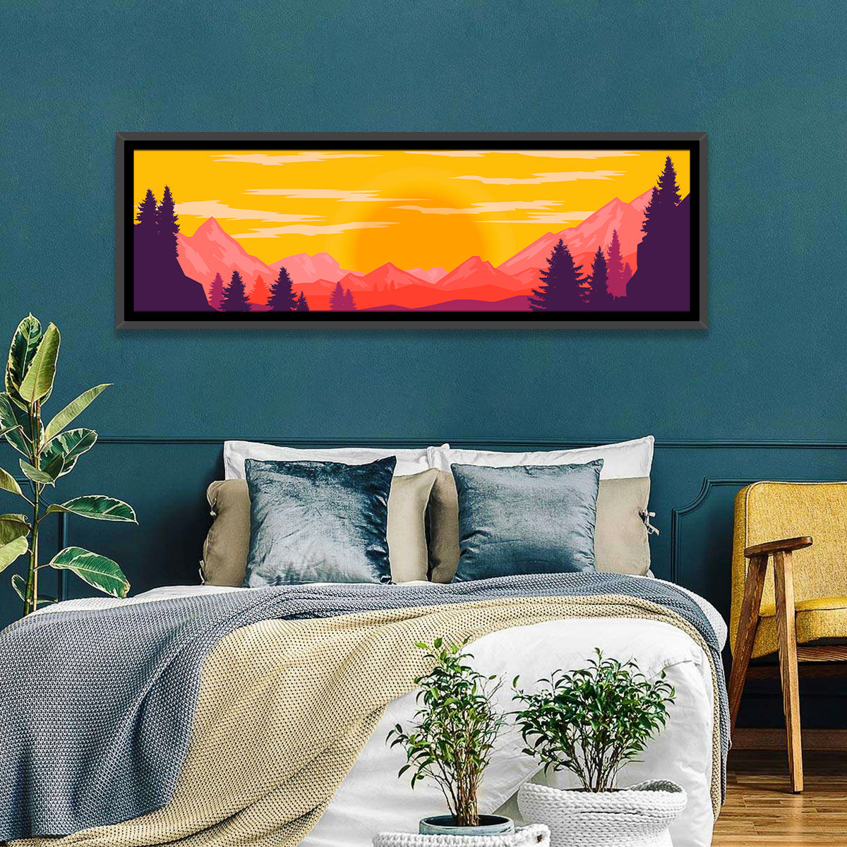 Crimson Peaks at Sunset Wall Art in a room, panoramic