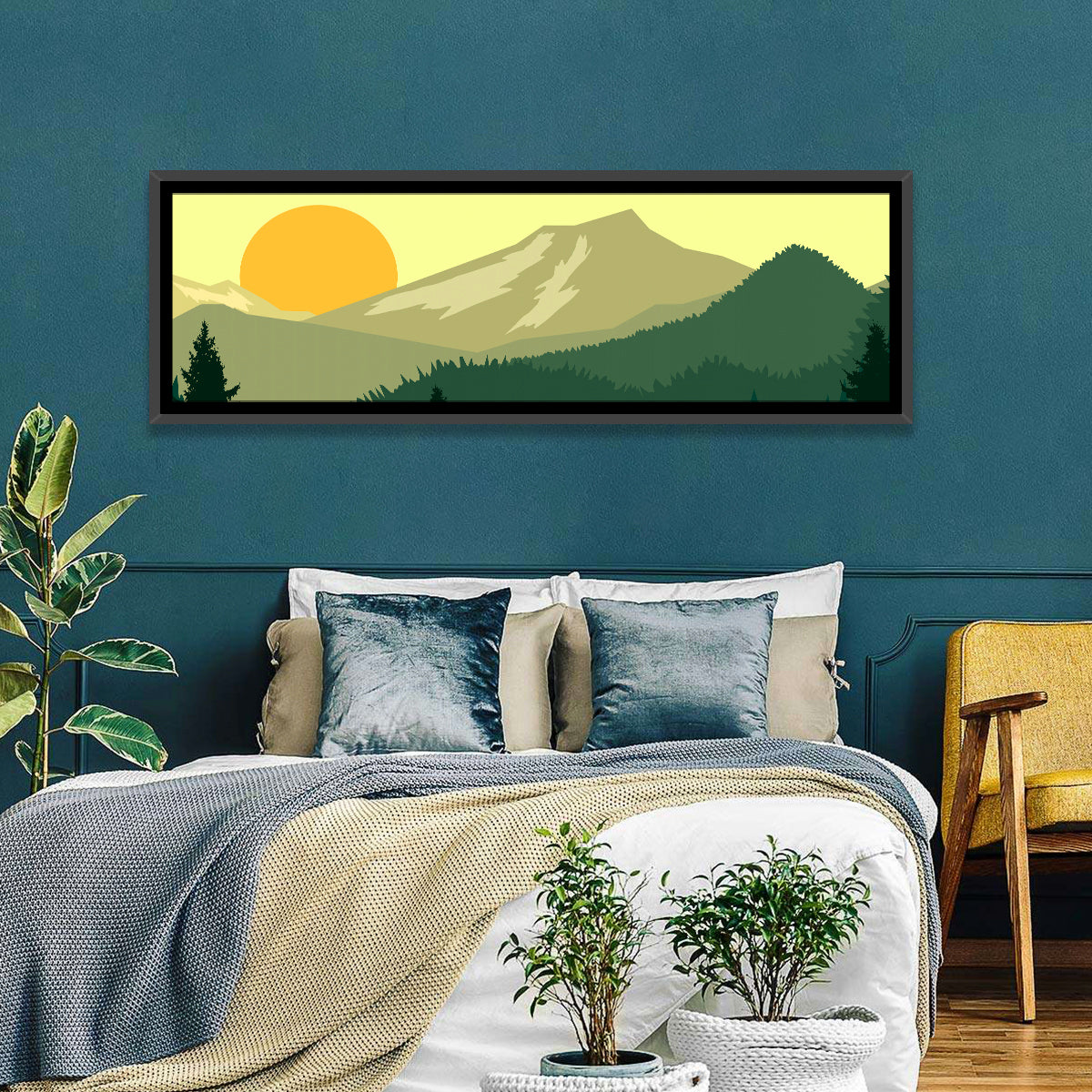 Sunset Over Green Mountains Wall Art in a room, panoramic