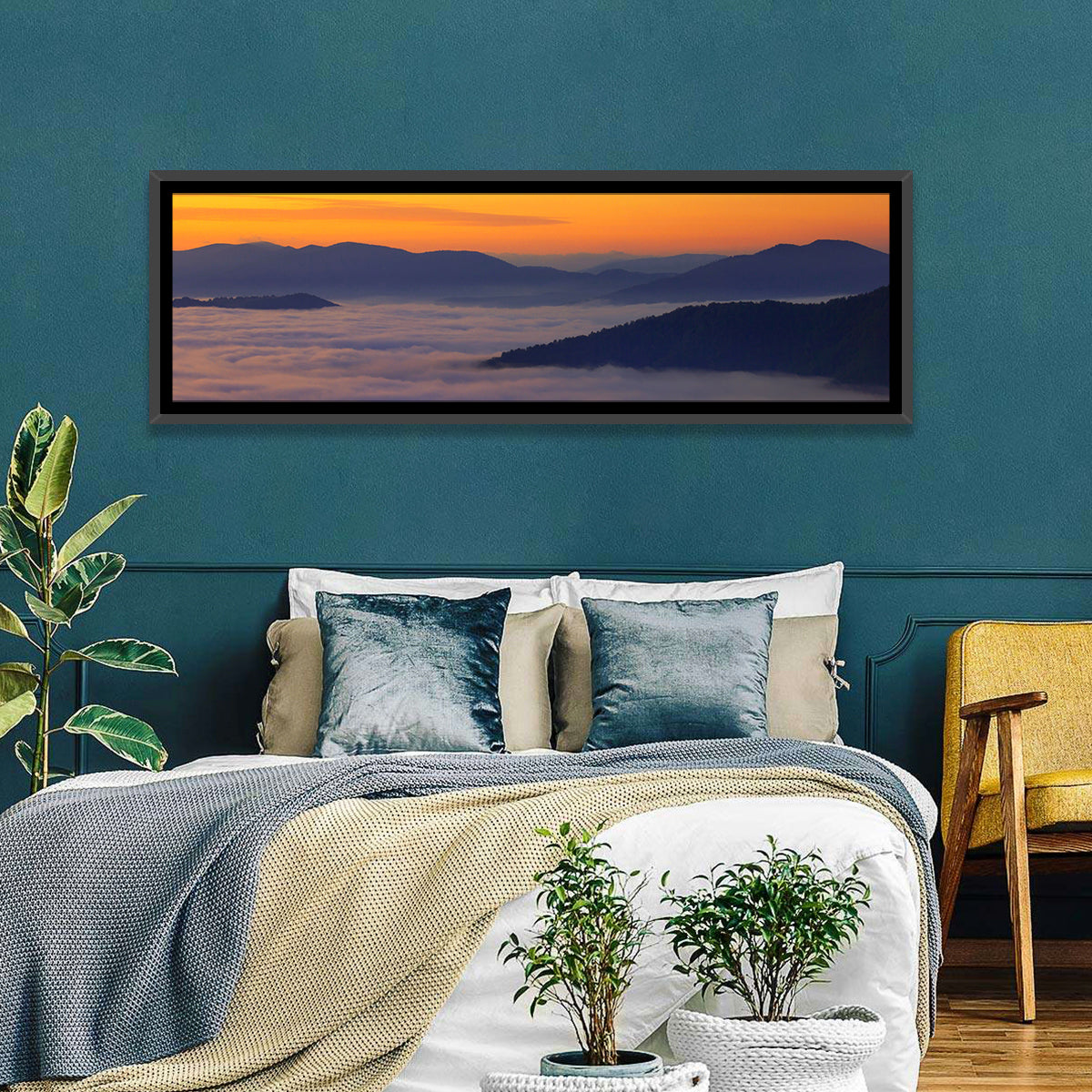 Cloud Sea Over Mountains at Golden Dawn Wall Art in a room, panoramic