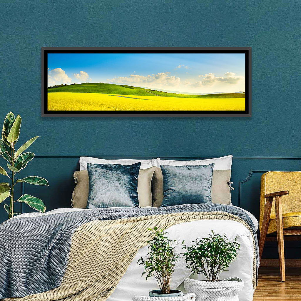 Rapeseed Field and Rolling Hills Under Blue Sky Wall Art