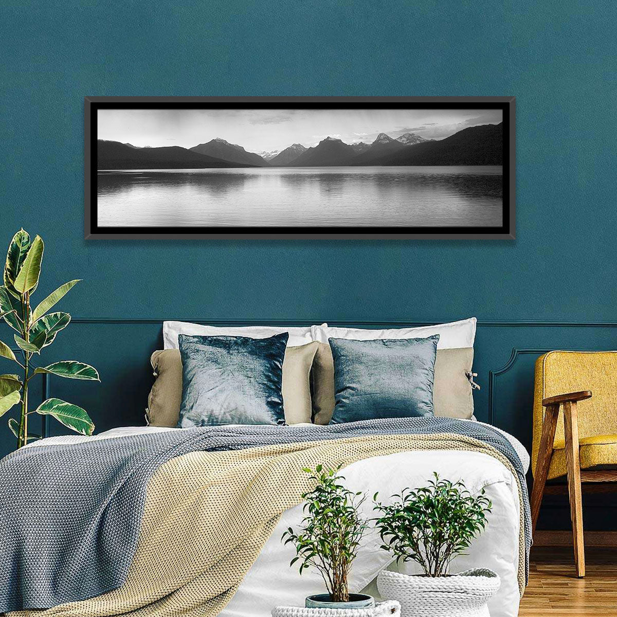 Lake Mcdonald Monochrome Reflection Wall Art in a room, panoramic