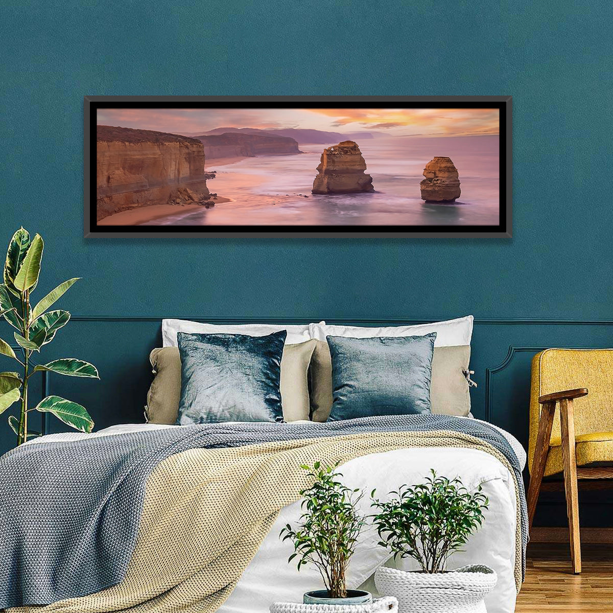 Twelve Apostles Sunset Sea Stacks Wall Art in a room, panoramic