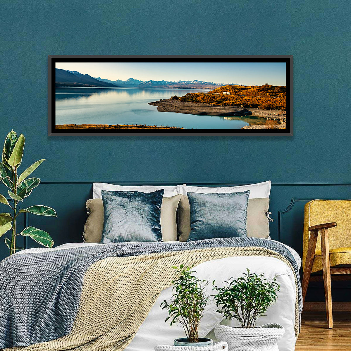 Lake Pukaki Golden Hour with Mount Cook Wall Art in a room, panoramic