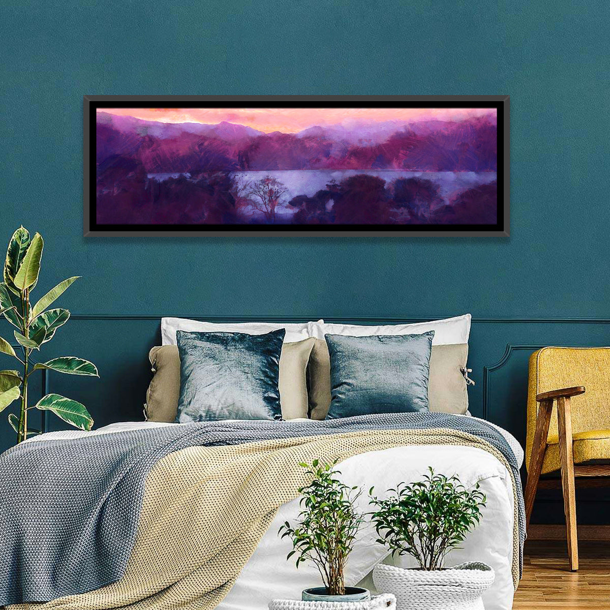 Forest Lake at Dusk Wall Art in a room, panoramic