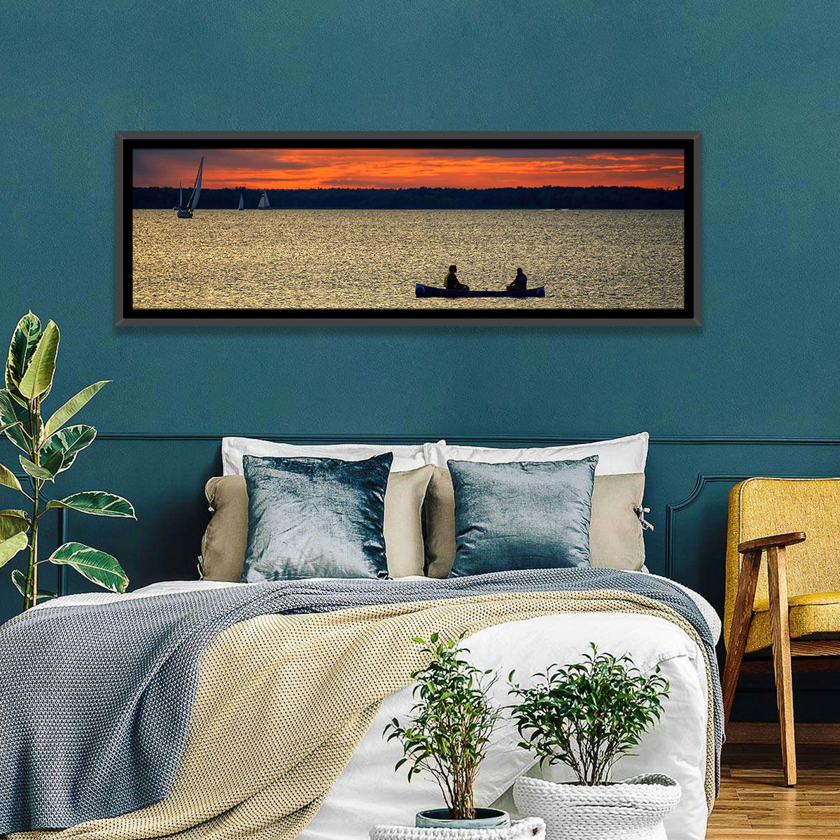 Ottawa River Sunset Canoe Wall Art in a room, panoramic