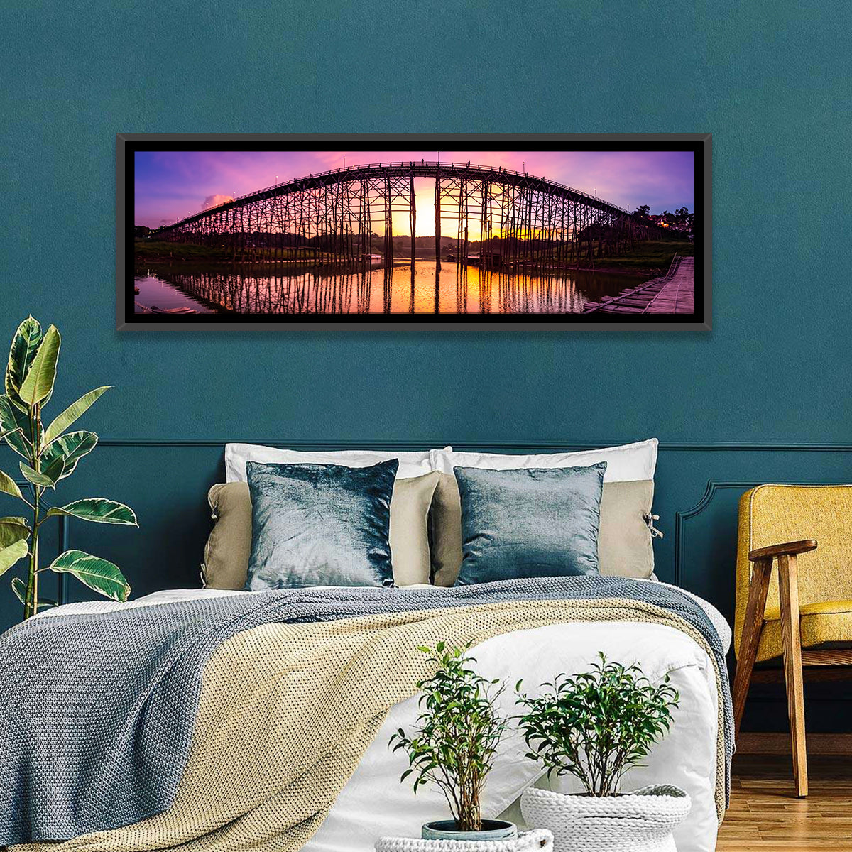 Mon Bridge Sunset, Sangkhlaburi Wall Art in a room, panoramic