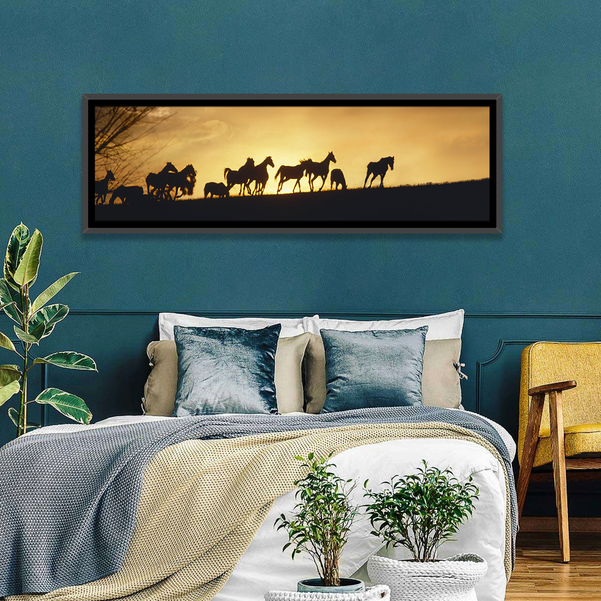 Mustang Silhouettes at Sunset Wall Art in a room, panoramic