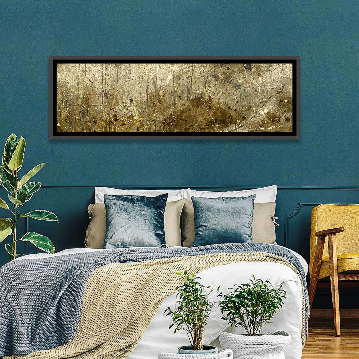 Gold Leaf Workbench Texture Abstract Wall Art in a room, panoramic