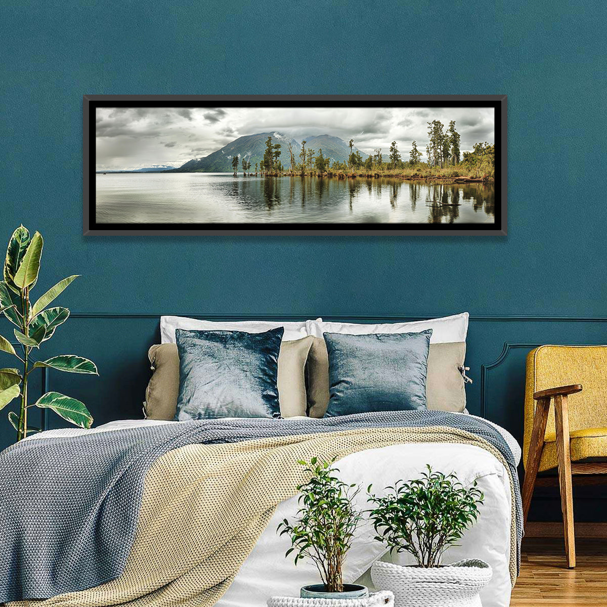 Lake Brunner Reflections Wall Art in a room, panoramic