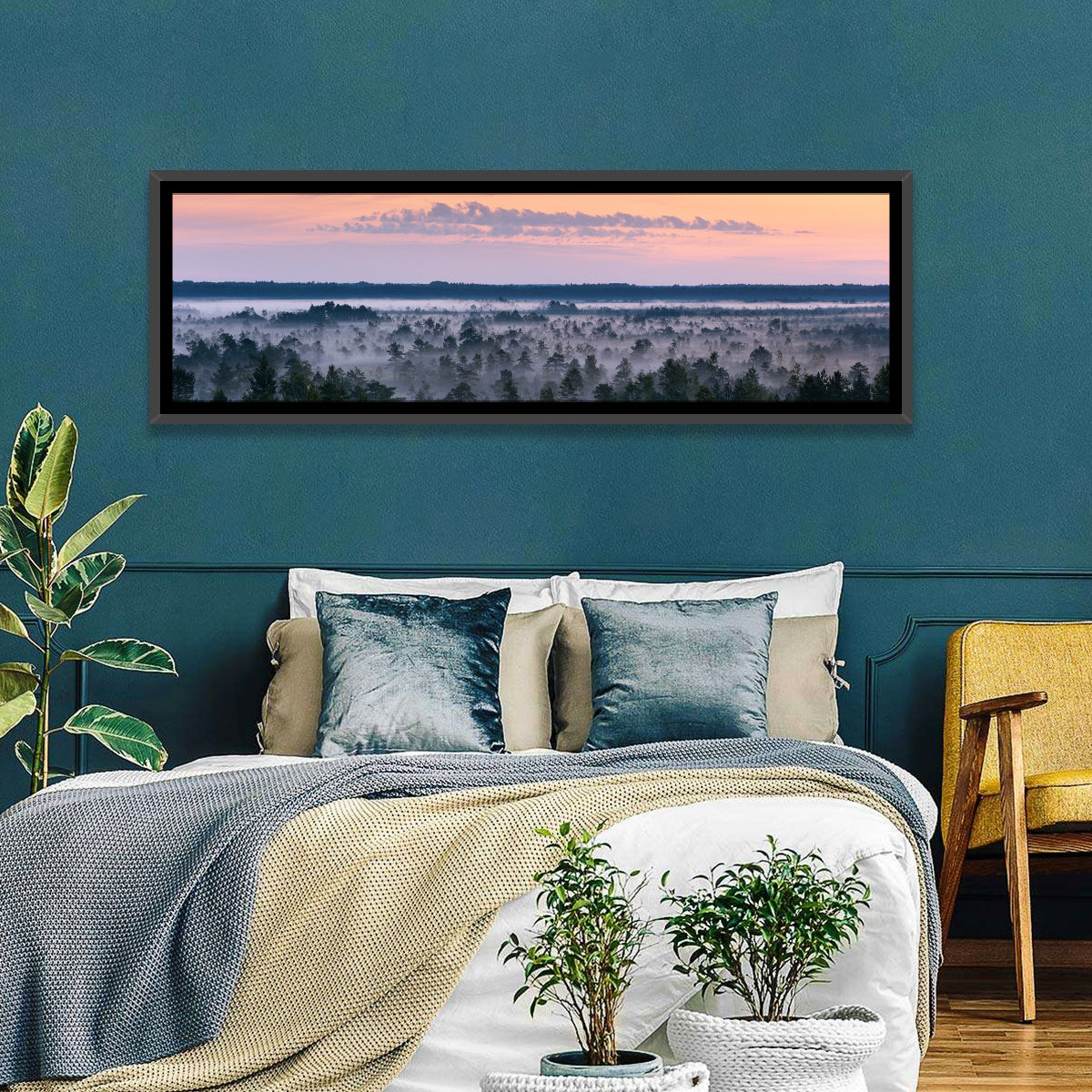 Estonian Misty Pine Landscape Wall Art in a room, panoramic