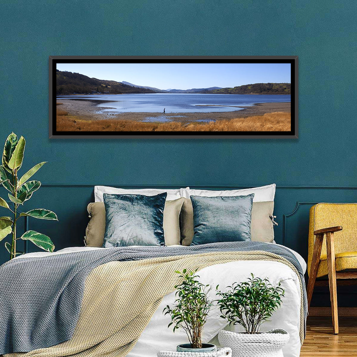 Bala Lake Shoreline Wall Art in a room, panoramic