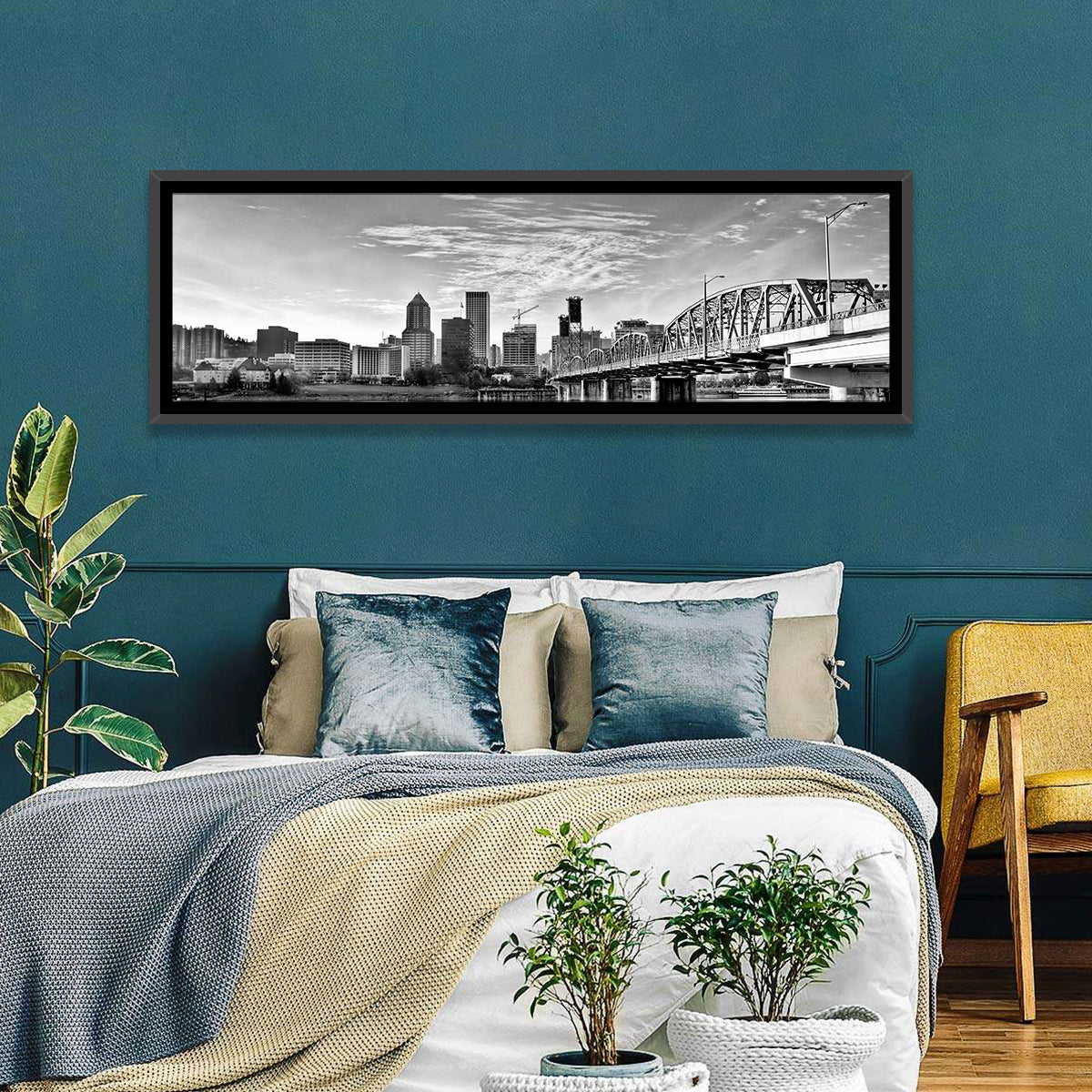 Portland Hawthorne Bridge Skyline Wall Art in a room, panoramic