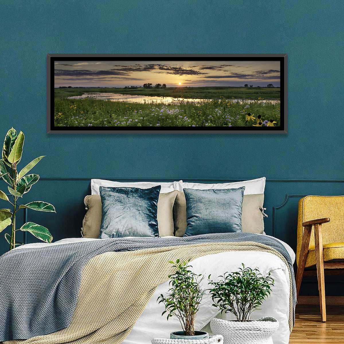 Illinois Fields Sunset Wall Art in a room, panoramic
