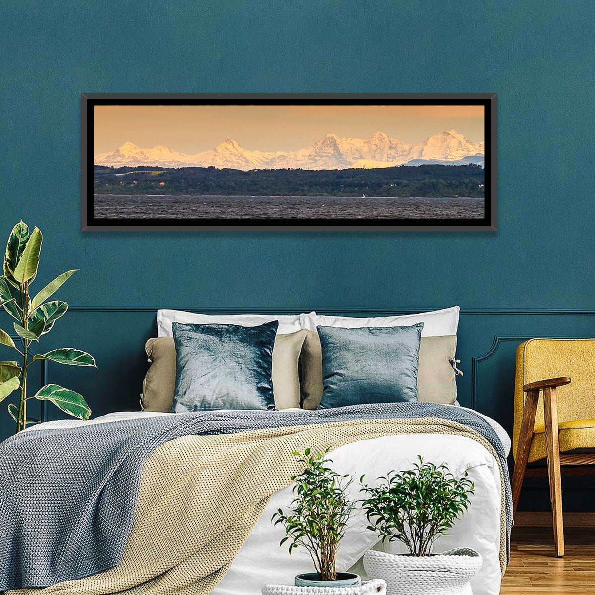 Lake Neuchatel Golden Hour Wall Art in a room, panoramic