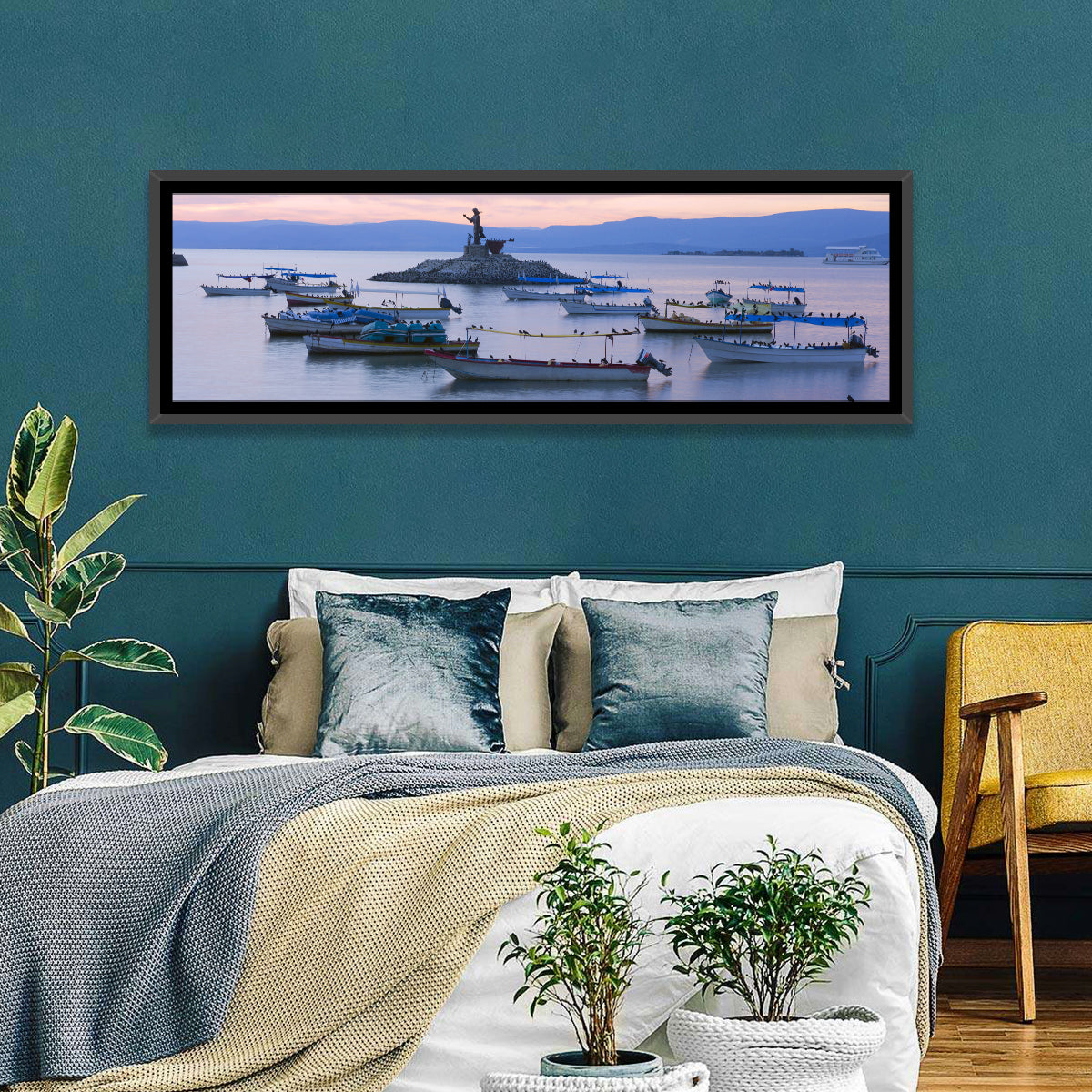 Lake Chapala Islet Sunrise Wall Art in a room, panoramic