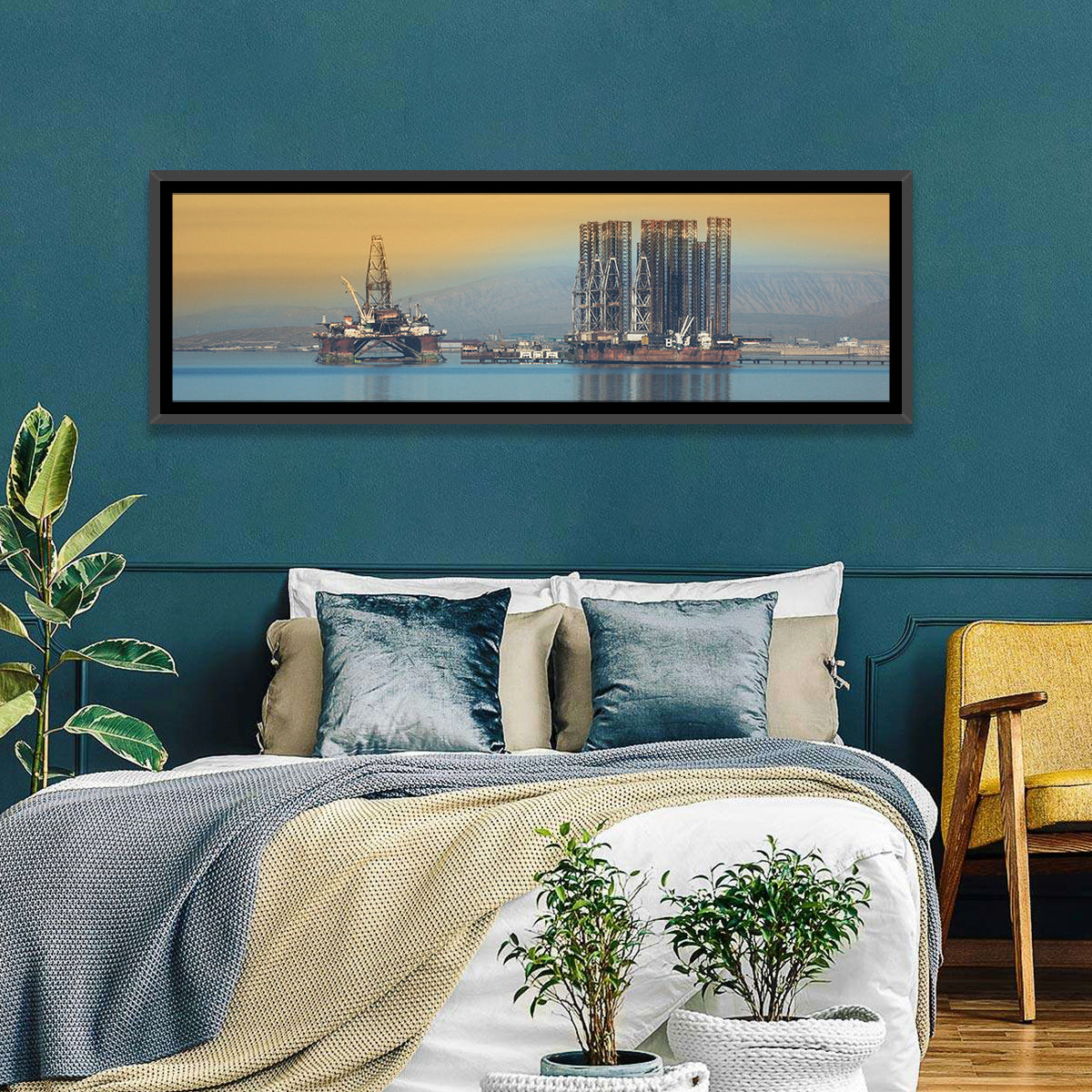 Baku Oil Rigs at Dusk Wall Art in a room, panoramic