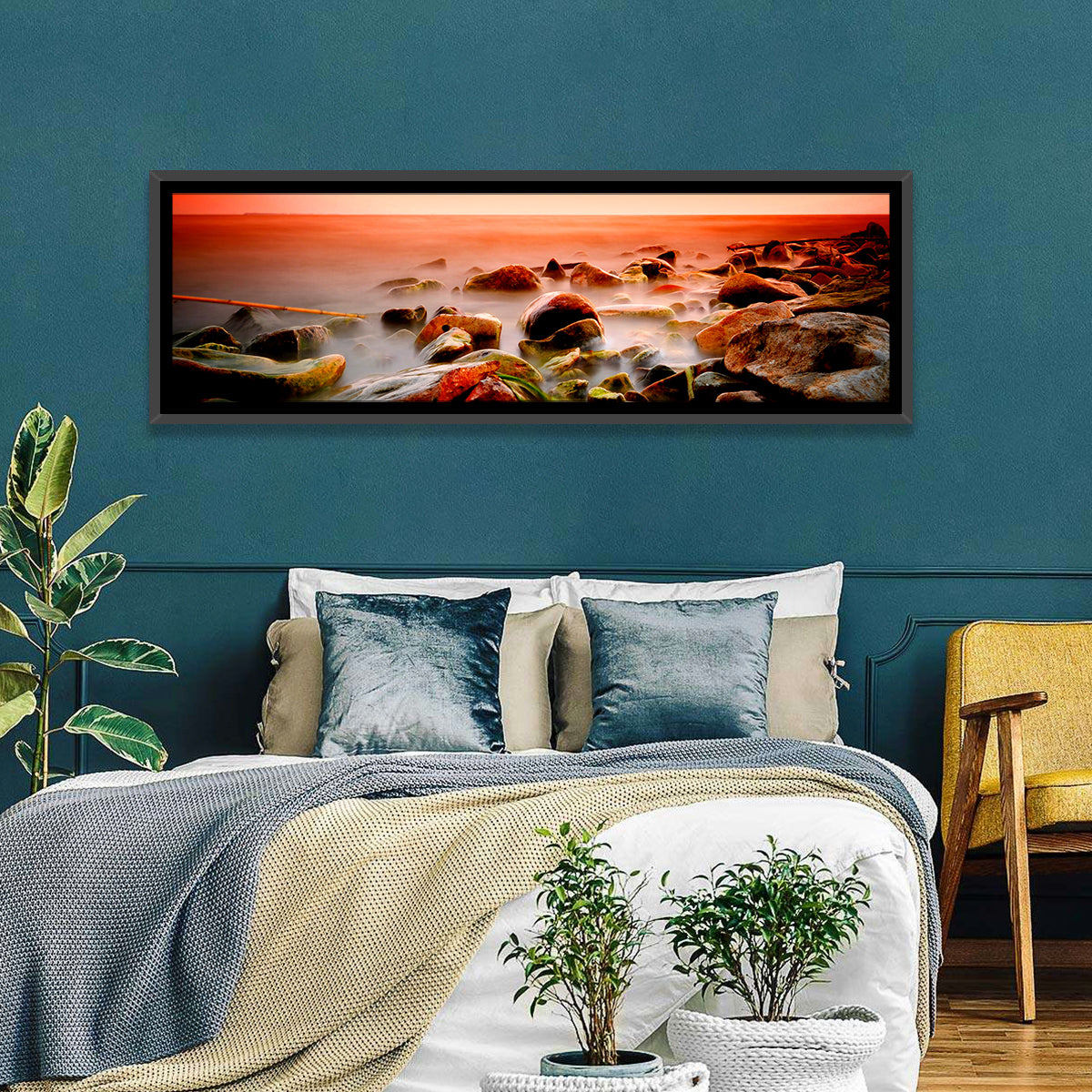 Lake Shore Sunset Wall Art in a room, panoramic
