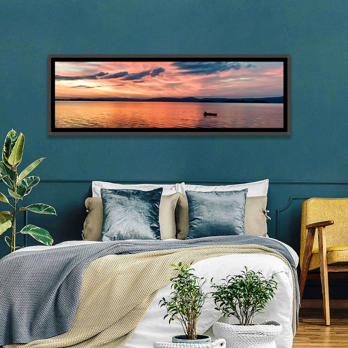 Lake Champlain Sunset Wall Art in a room, panoramic