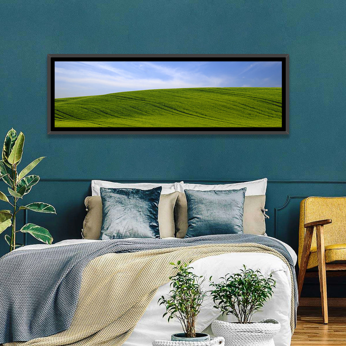 Rolling Green Hill with Blue Sky Wall Art in a room, panoramic