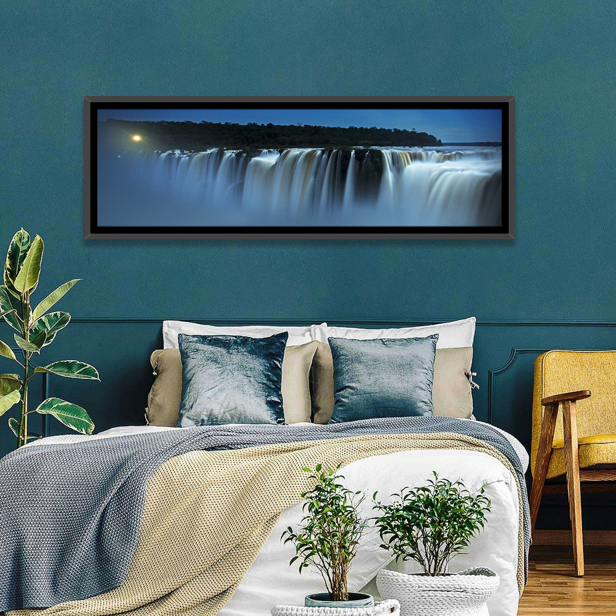 Moonlit Iguazu Falls Wall Art in a room, panoramic