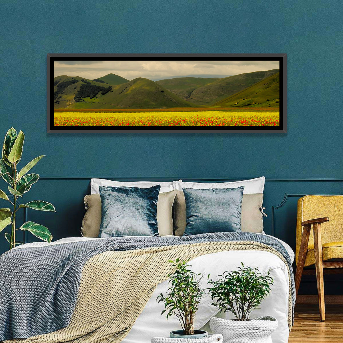 Castelluccio Wildflower Meadow Wall Art in a room, panoramic