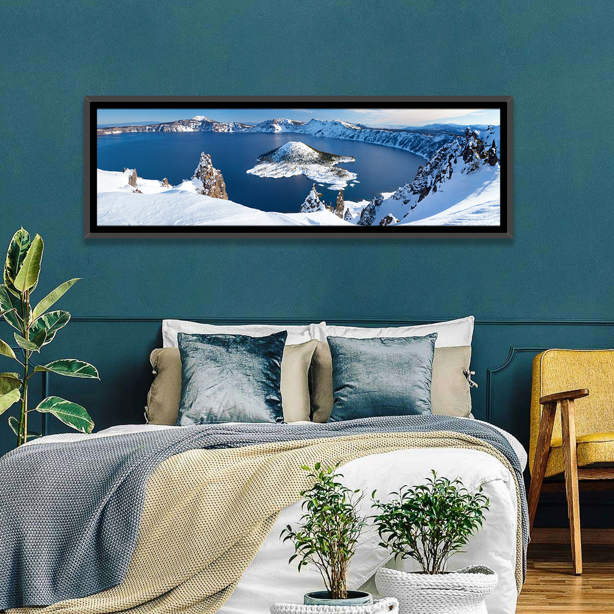 Crater Lake with Wizard Island Wall Art in a room, panoramic