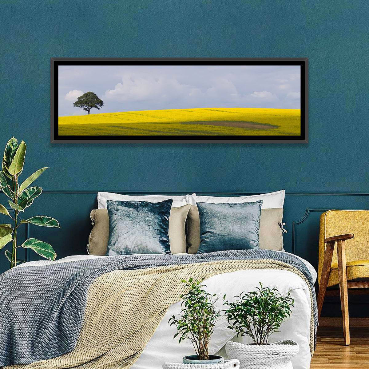 Solitary Tree Over Rapeseed Field Wall Art in a room, panoramic