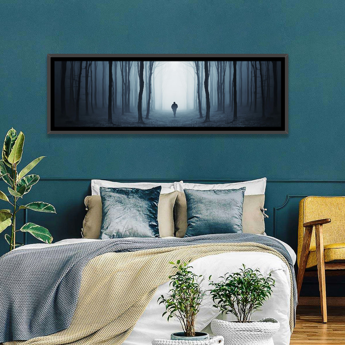 Lone Figure in Misty Forest Wall Art in a room, panoramic