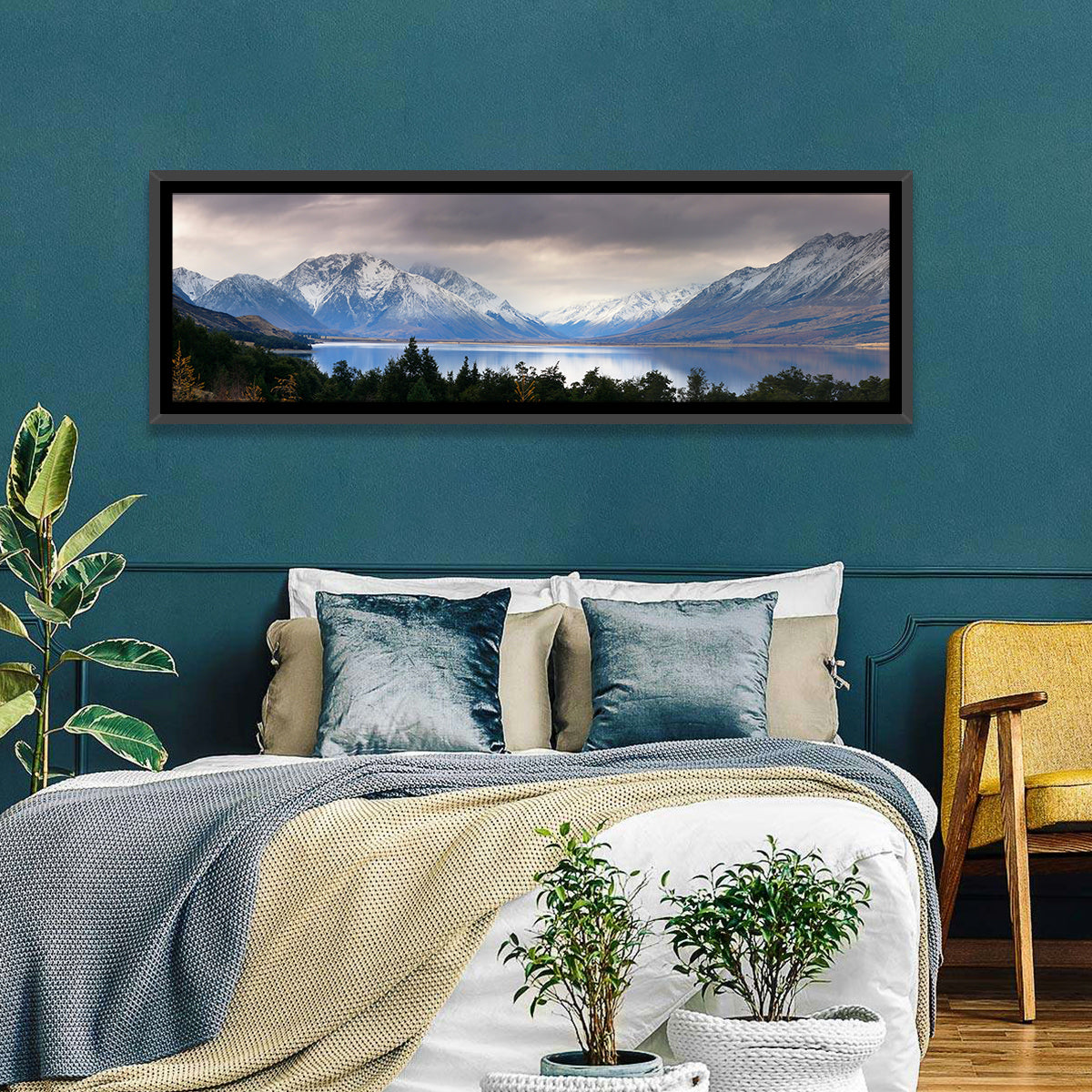 Lake Ohau Reflection Wall Art in a room, panoramic