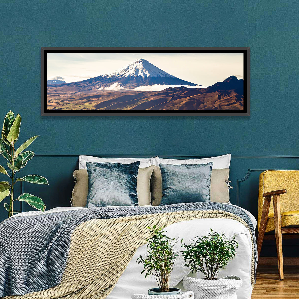 Cotopaxi Volcano Landscape Wall Art in a room, panoramic
