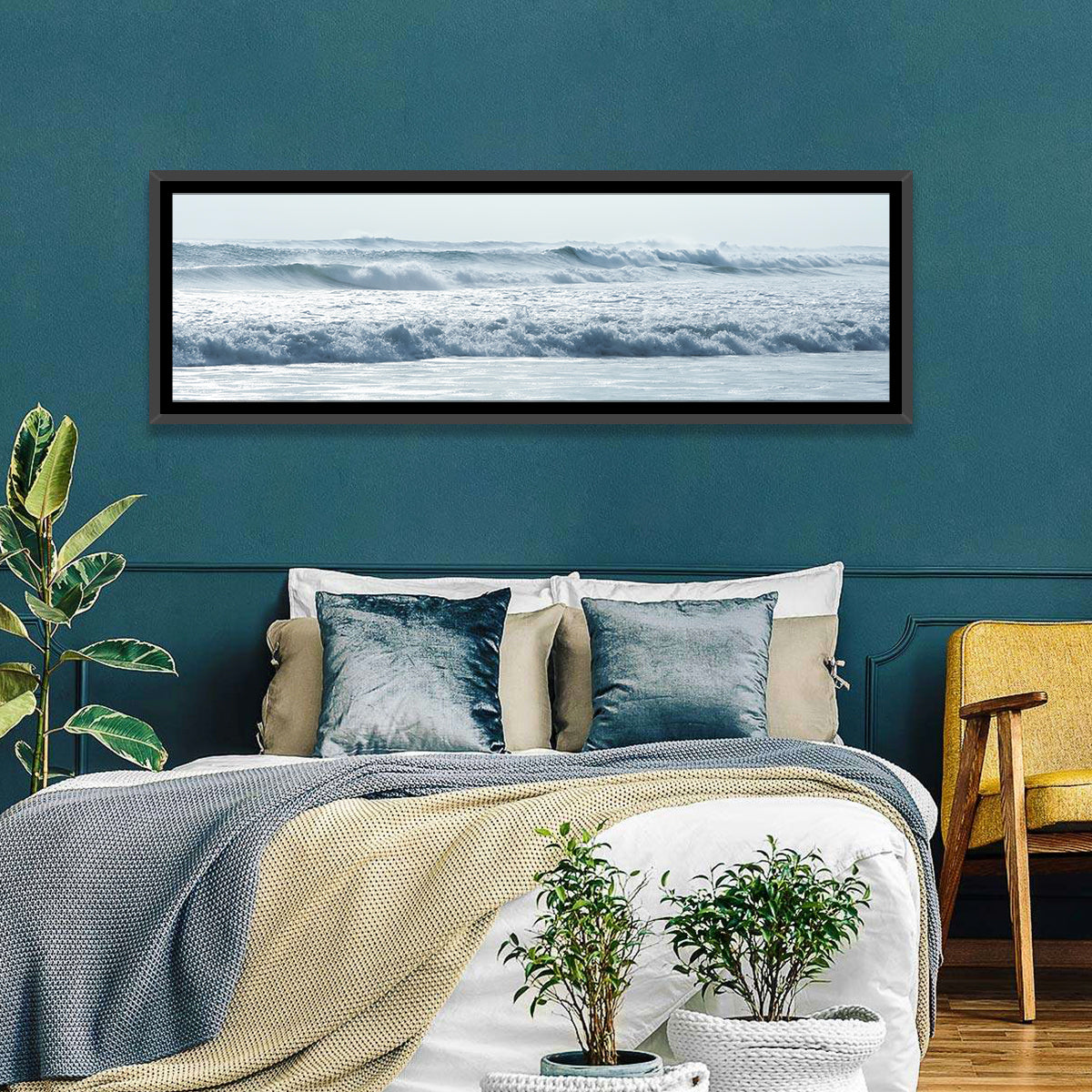 Misty Horizon Ocean Waves Wall Art in a room, panoramic