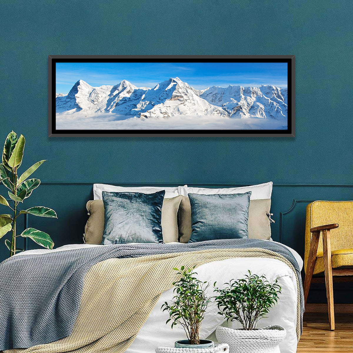 Eiger, Mönch and Jungfrau Peaks Wall Art in a room, panoramic