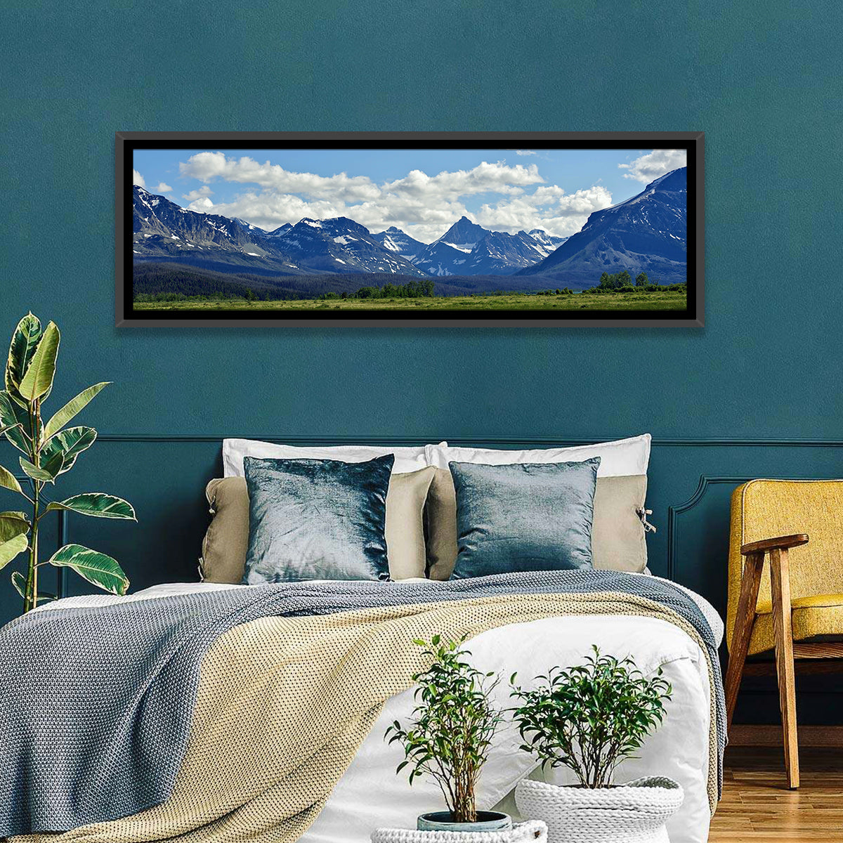 Montana Rocky Mountains Wall Art in a room, panoramic