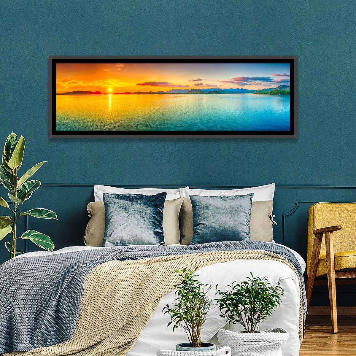 Golden Lake Sunrise Wall Art in a room, panoramic