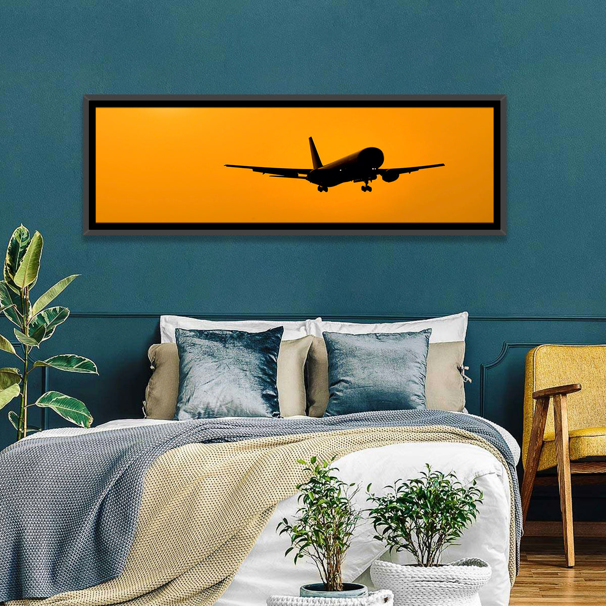 Golden Hour Airliner Silhouette Wall Art in a room, panoramic