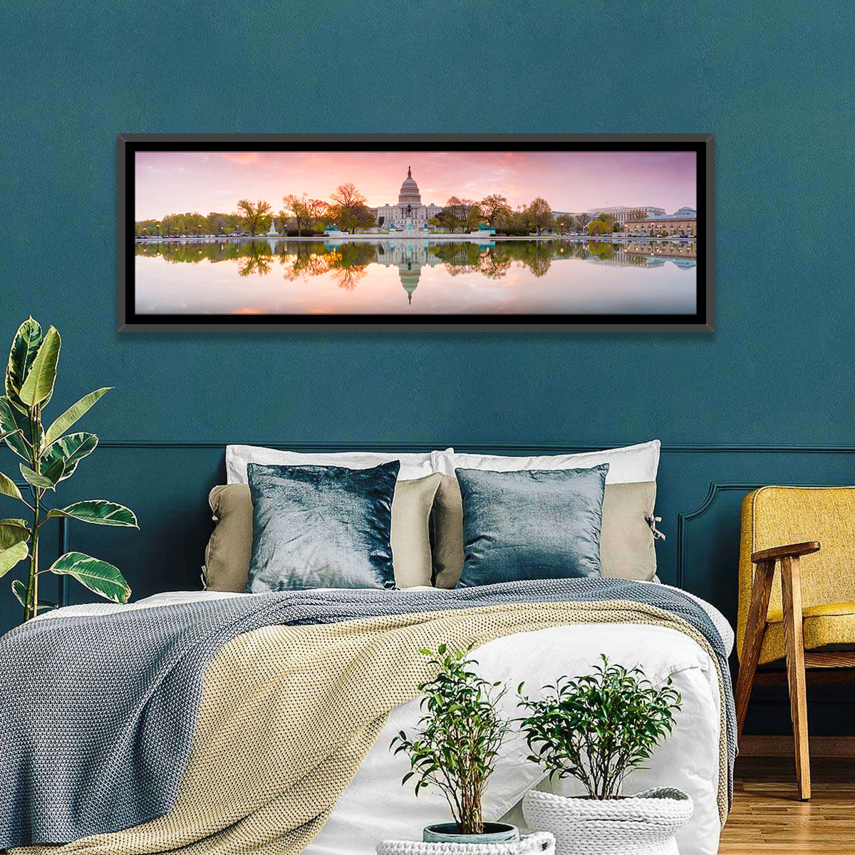 United States Capitol Sunrise Reflection Wall Art in a room, panoramic